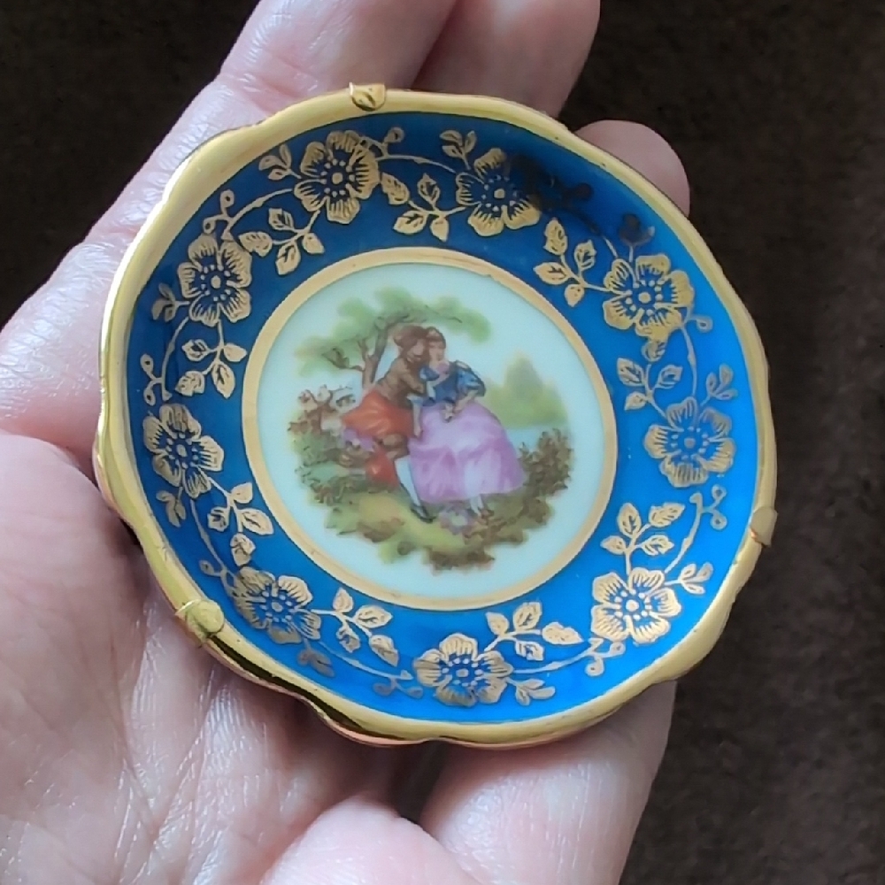Limoges France Cobalt Gold Trim Porcelain Mini Plate Fragonard Courting Couple